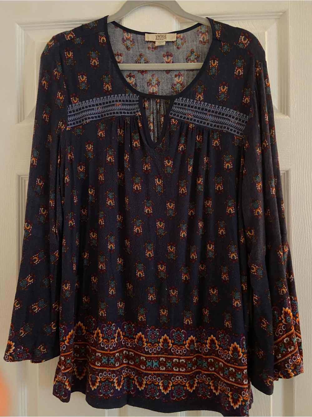 Vintage America Navy Floral Boho Tunic with Multicolor Border